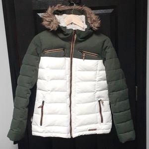 green and white winter jacket